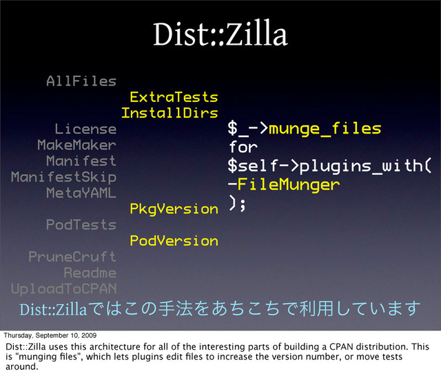 Dist::Zilla
AllFiles
License
MakeMaker
Manifest
ManifestSkip
MetaYAML
PodTests
PruneCruft
Readme
UploadToCPAN
$_->munge_files
for
$self->plugins_with(
-FileMunger
);
ExtraTests
InstallDirs
PkgVersion
PodVersion
Dist::ZillaͰ͸͜ͷख๏Λ͋ͪͪ͜Ͱར༻͍ͯ͠·͢
Thursday, September 10, 2009
Dist::Zilla uses this architecture for all of the interesting parts of building a CPAN distribution. This
is "munging ﬁles", which lets plugins edit ﬁles to increase the version number, or move tests
around.
