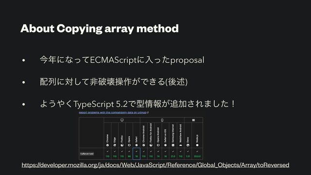About Copying array method
• ࠓ೥ʹͳͬͯECMAScriptʹೖͬͨproposal
• ഑ྻʹରͯ͠ඇഁյૢ࡞͕Ͱ͖Δ(ޙड़)
• Α͏΍͘TypeScript 5.2Ͱܕ৘ใ͕௥Ճ͞Ε·ͨ͠ʂ
https://developer.mozilla.org/ja/docs/Web/JavaScript/Reference/Global_Objects/Array/toReversed
