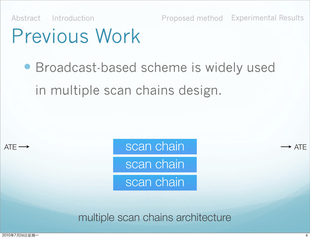  Broadcast-based scheme is widely used
in multiple scan chains design.
multiple scan chains architecture
Abstract Introduction Proposed method Experimental Results
Previous Work
scan chain ATE
ATE
scan chain
scan chain

ϋ˜˚݋ಂɓ
