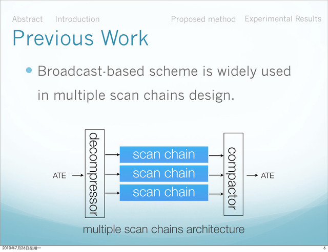  Broadcast-based scheme is widely used
in multiple scan chains design.
multiple scan chains architecture
Abstract Introduction Proposed method Experimental Results
Previous Work
scan chain
ATE
ATE
scan chain
scan chain
decompressor
compactor

ϋ˜˚݋ಂɓ
