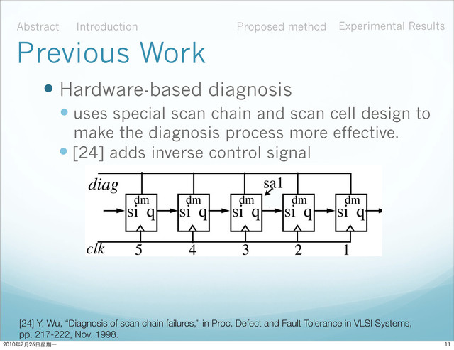  Hardware-based diagnosis
 uses special scan chain and scan cell design to
make the diagnosis process more effective.
Abstract Introduction Proposed method Experimental Results
Previous Work
= 1 the state of each ﬂip-ﬂop inverts as the secon
0 again and assume the inverted state stays. Now
cycles it takes to observe the ﬁrst 1 at the scan out
this case, the first 1 is observed at the 3rd clock,
fault but ﬂip-ﬂop 3 has not. In other words, the fa
input, which corresponds to the assumed fault loc
FIGURE 4. Fault diagnosis by ﬂipping scan ﬂops.
Figure 5 shows a logical representation o
state when dm (diagnostic mode) is set to 1. Wh
normal scan ﬂip-ﬂop with an extra mux delay add
2
3
4
5
clk
diag
1
(a) a scan chain of ﬁve ﬂops
sa1
after a
(
si q si q si q si q si q
dm
dm dm dm dm
 [24] adds inverse control signal
[24] Y. Wu, “Diagnosis of scan chain failures,” in Proc. Defect and Fault Tolerance in VLSI Systems,
pp. 217-222, Nov. 1998.

ϋ˜˚݋ಂɓ
