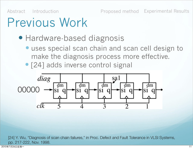  Hardware-based diagnosis
 uses special scan chain and scan cell design to
make the diagnosis process more effective.
Abstract Introduction Proposed method Experimental Results
Previous Work
= 1 the state of each ﬂip-ﬂop inverts as the secon
0 again and assume the inverted state stays. Now
cycles it takes to observe the ﬁrst 1 at the scan out
this case, the first 1 is observed at the 3rd clock,
fault but ﬂip-ﬂop 3 has not. In other words, the fa
input, which corresponds to the assumed fault loc
FIGURE 4. Fault diagnosis by ﬂipping scan ﬂops.
Figure 5 shows a logical representation o
state when dm (diagnostic mode) is set to 1. Wh
normal scan ﬂip-ﬂop with an extra mux delay add
2
3
4
5
clk
diag
1
(a) a scan chain of ﬁve ﬂops
sa1
after a
(
si q si q si q si q si q
dm
dm dm dm dm
 [24] adds inverse control signal
[24] Y. Wu, “Diagnosis of scan chain failures,” in Proc. Defect and Fault Tolerance in VLSI Systems,
pp. 217-222, Nov. 1998.
00000

ϋ˜˚݋ಂɓ
