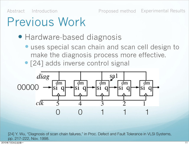  Hardware-based diagnosis
 uses special scan chain and scan cell design to
make the diagnosis process more effective.
Abstract Introduction Proposed method Experimental Results
Previous Work
= 1 the state of each ﬂip-ﬂop inverts as the secon
0 again and assume the inverted state stays. Now
cycles it takes to observe the ﬁrst 1 at the scan out
this case, the first 1 is observed at the 3rd clock,
fault but ﬂip-ﬂop 3 has not. In other words, the fa
input, which corresponds to the assumed fault loc
FIGURE 4. Fault diagnosis by ﬂipping scan ﬂops.
Figure 5 shows a logical representation o
state when dm (diagnostic mode) is set to 1. Wh
normal scan ﬂip-ﬂop with an extra mux delay add
2
3
4
5
clk
diag
1
(a) a scan chain of ﬁve ﬂops
sa1
after a
(
si q si q si q si q si q
dm
dm dm dm dm
 [24] adds inverse control signal
[24] Y. Wu, “Diagnosis of scan chain failures,” in Proc. Defect and Fault Tolerance in VLSI Systems,
pp. 217-222, Nov. 1998.
00000
0 0 1 1 1

ϋ˜˚݋ಂɓ
