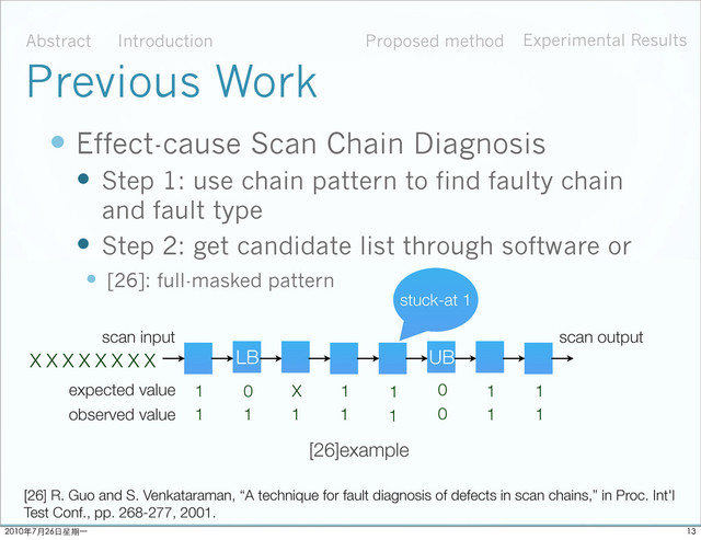  Effect-cause Scan Chain Diagnosis
 Step 1: use chain pattern to find faulty chain
and fault type
 Step 2: get candidate list through software or
hardware diagnosis solution
 Step 3: After fault injection and simulation,
compare CUD response with faulty response. If
equaled, called perfect match. The location
which get all perfect match are the diagnosis
suspect.
Abstract Introduction Proposed method Experimental Results
Previous Work
[26]example
stuck-at 1
X X X X X X X X
expected value 1 X 1
0 0 1 1
1
observed value 1 1 1 1 1 1
0
1
scan input scan output
LB UB
[26] R. Guo and S. Venkataraman, “A technique for fault diagnosis of defects in scan chains,” in Proc. Int'l
Test Conf., pp. 268-277, 2001.
 [26]: full-masked pattern

ϋ˜˚݋ಂɓ
