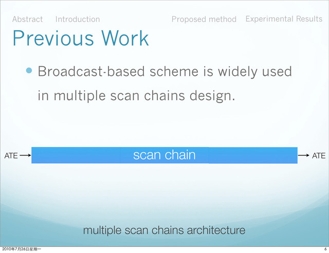  Broadcast-based scheme is widely used
in multiple scan chains design.
multiple scan chains architecture
Abstract Introduction Proposed method Experimental Results
Previous Work
scan chain ATE
ATE

ϋ˜˚݋ಂɓ
