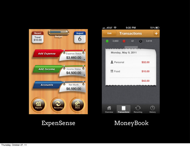 MoneyBook
ExpenSense
Thursday, October 27, 11

