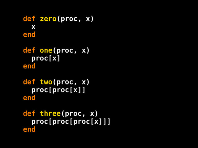 def zero(proc, x)
x
end
def one(proc, x)
proc[x]
end
def two(proc, x)
proc[proc[x]]
end
def three(proc, x)
proc[proc[proc[x]]]
end
