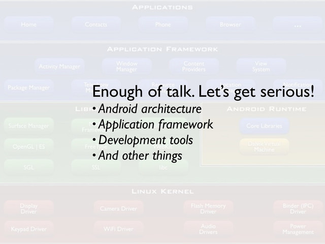 Enough of talk. Let’s get serious!
• Android architecture
• Application framework
• Development tools
• And other things
