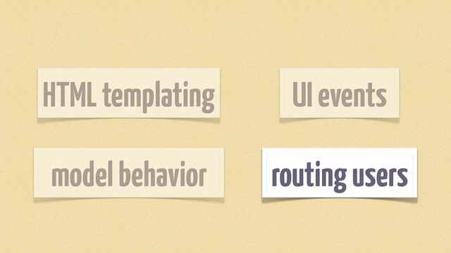 routing users
HTML templating
model behavior
UI events
