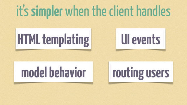 model behavior
HTML templating
routing users
UI events
it’s simpler when the client handles
