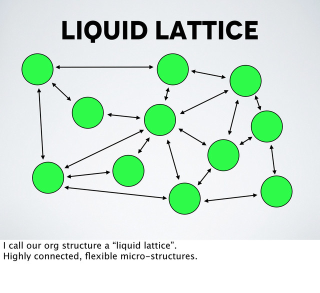 liquid lattice
I call our org structure a “liquid lattice”.
Highly connected, ﬂexible micro-structures.
