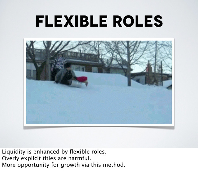 flexible roles
Liquidity is enhanced by ﬂexible roles.
Overly explicit titles are harmful.
More opportunity for growth via this method.
