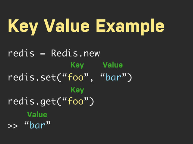 Key Value Example
redis = Redis.new
redis.set(“foo”, “bar”)
redis.get(“foo”)
>> “bar”
Key Value
Key
Value
