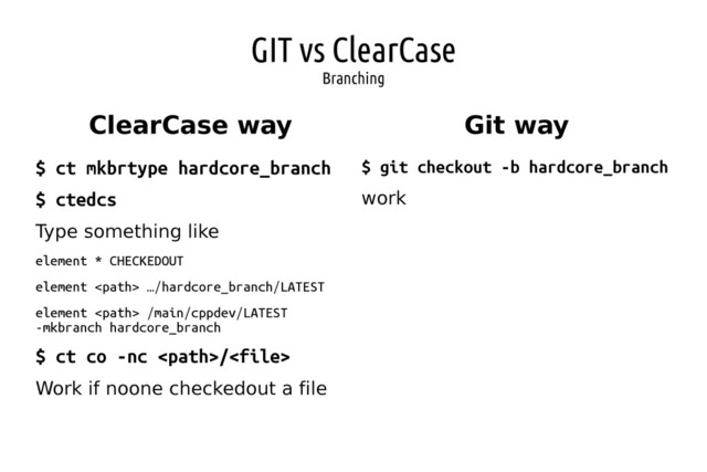 GIT vs ClearCase
Branching
ClearCase way Git way
$ git checkout -b hardcore_branch
work
$ ct mkbrtype hardcore_branch
$ ctedcs
Type something like
element * CHECKEDOUT
element  …/hardcore_branch/LATEST
element  /main/cppdev/LATEST
-mkbranch hardcore_branch
$ ct co -nc /
Work if noone checkedout a file
