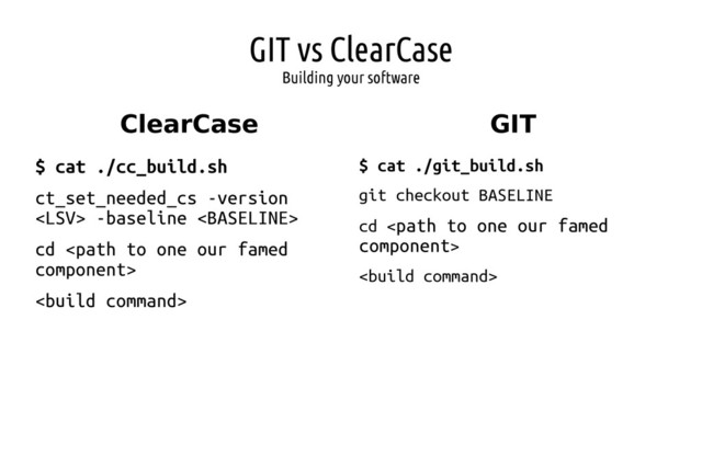 GIT vs ClearCase
Building your software
ClearCase GIT
$ cat ./git_build.sh
git checkout BASELINE
cd 

$ cat ./cc_build.sh
ct_set_needed_cs -version
 -baseline 
cd 

