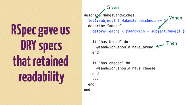 RSpec gave us
DRY specs
that retained
readability
describe MakesSandwiches
let(:subject) { MakesSandwiches.new }
describe “#make”
before(:each) { @sandwich = subject.make() }
it “has bread” do
@sandwich.should have_bread
end
it “has cheese” do
@sandwich.should have_cheese
end
...
end
end
Given
When
Then
