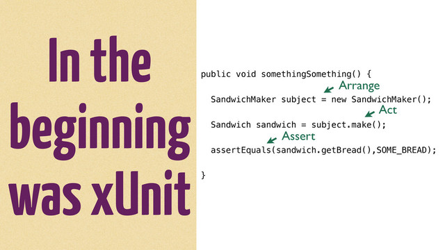 In the
beginning
was xUnit
public void somethingSomething() {
SandwichMaker subject = new SandwichMaker();
Sandwich sandwich = subject.make();
assertEquals(sandwich.getBread(),SOME_BREAD);
}
Arrange
Act
Assert
