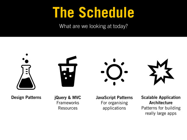 What are we looking at today?
The Schedule
Design Patterns jQuery & MVC
Frameworks
Resources
Scalable Application
Architecture
Patterns for building
really large apps
JavaScript Patterns
For organising
applications
