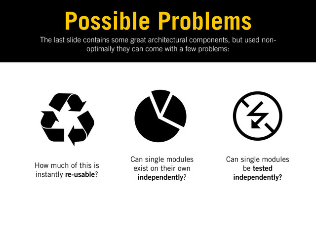 The last slide contains some great architectural components, but used non-
optimally they can come with a few problems:
Possible Problems
How much of this is
instantly re-usable?
Can single modules
exist on their own
independently?
Can single modules
be tested
independently?
