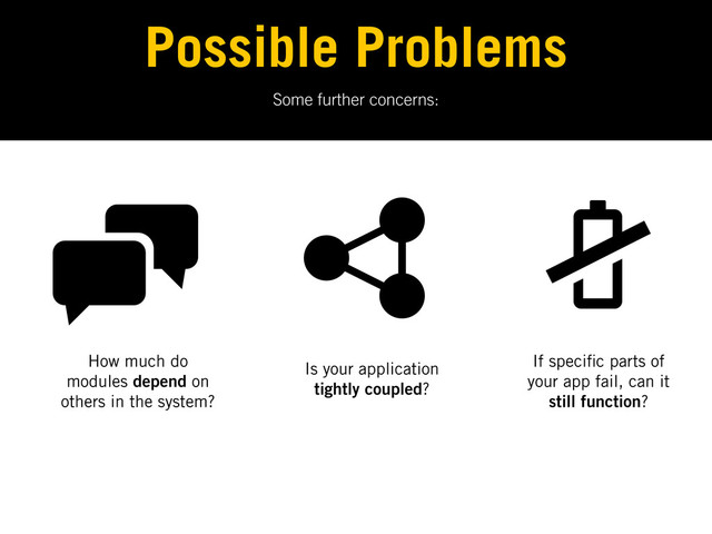 Some further concerns:
Possible Problems
How much do
modules depend on
others in the system?
Is your application
tightly coupled?
If speci c parts of
your app fail, can it
still function?

