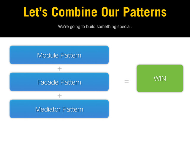We’re going to build something special.
Let’s Combine Our Patterns
Module Pattern
Facade Pattern
Mediator Pattern
+
+
= WIN
