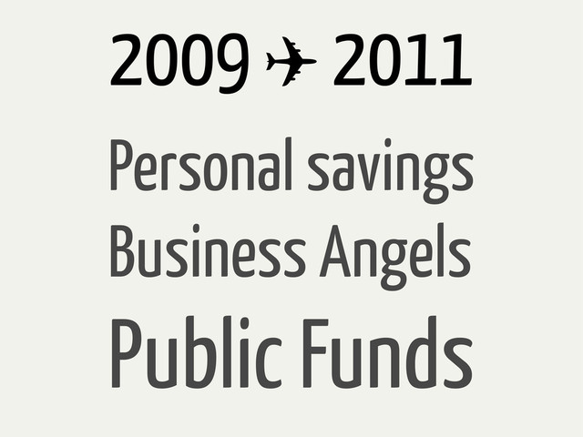 2009 ✈ 2011
Personal savings
Business Angels
Public Funds
