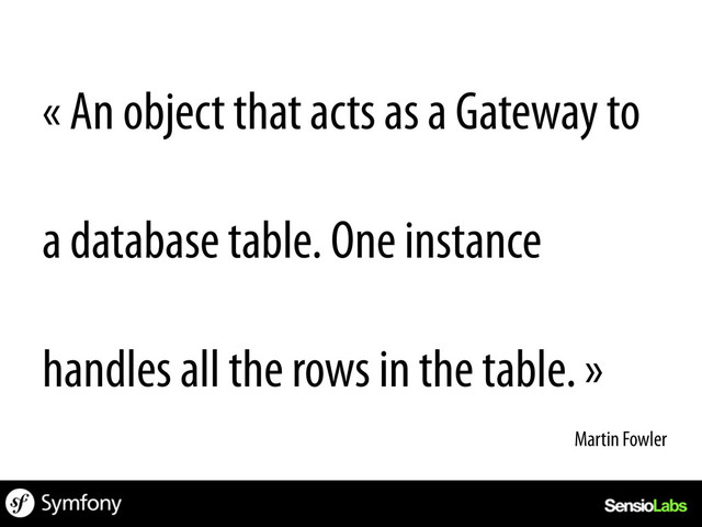 « An object that acts as a Gateway to
a database table. One instance
handles all the rows in the table. »
Martin Fowler	  
