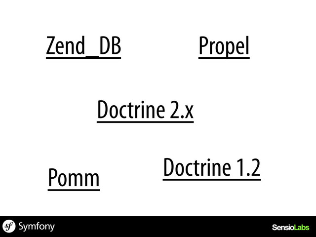 Zend_DB
Doctrine 1.2
Doctrine 2.x
Propel
Pomm
