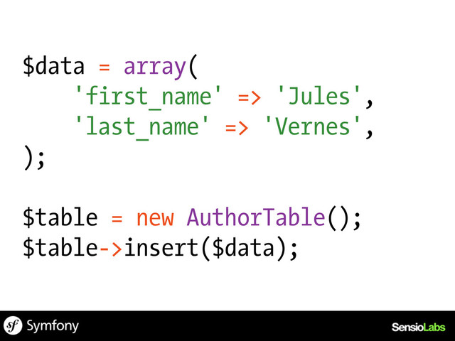 $data = array(
'first_name' => 'Jules',
'last_name' => 'Vernes',
);
$table = new AuthorTable();
$table->insert($data);
