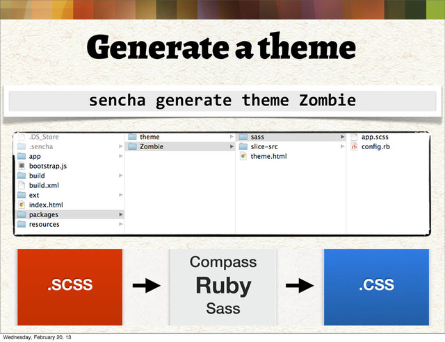 Generate a theme
sencha	  generate	  theme	  Zombie
Wednesday, February 20, 13
