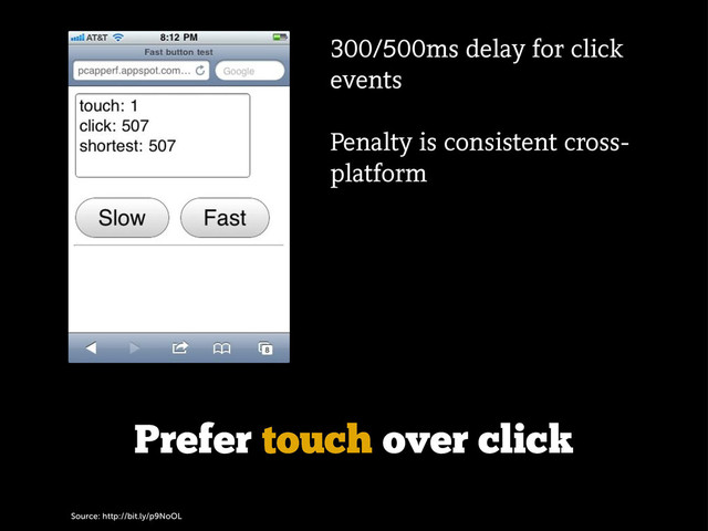 Source: http://bit.ly/p9NoOL
Prefer touch over click
300/500ms delay for click
events
Penalty is consistent cross-
platform
