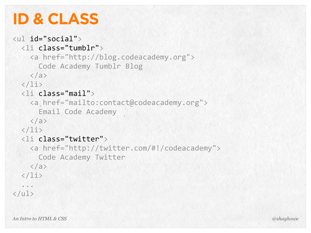 An Intro to HTML & CSS
ID & CLASS
<ul>
	  	  <li>
	  	  	  	  <a>
	  	  	  	  	  	  Code	  Academy	  Tumblr	  Blog
	  	  	  	  </a>
	  	  </li>
	  	  <li>
	  	  	  	  <a>
	  	  	  	  	  	  Email	  Code	  Academy
	  	  	  	  </a>
	  	  </li>
	  	  <li>
	  	  	  	  <a>
	  	  	  	  	  	  Code	  Academy	  Twitter
	  	  	  	  </a>
	  	  </li>
	  	  ...
</ul>
@shayhowe
