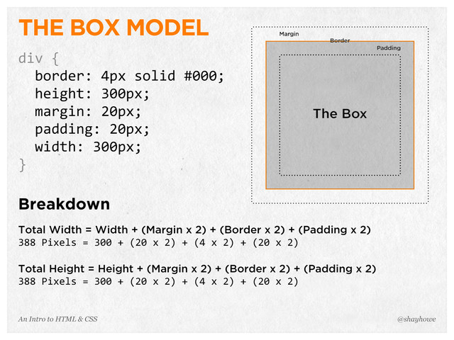 An Intro to HTML & CSS
THE BOX MODEL
div	  {
	  	  border:	  4px	  solid	  #000;
	  	  height:	  300px;
	  	  margin:	  20px;
	  	  padding:	  20px;
	  	  width:	  300px;
}
Breakdown
Total Width = Width + (Margin x 2) + (Border x 2) + (Padding x 2)
388	  Pixels	  =	  300	  +	  (20	  x	  2)	  +	  (4	  x	  2)	  +	  (20	  x	  2)
Total Height = Height + (Margin x 2) + (Border x 2) + (Padding x 2)
388	  Pixels	  =	  300	  +	  (20	  x	  2)	  +	  (4	  x	  2)	  +	  (20	  x	  2)
@shayhowe
