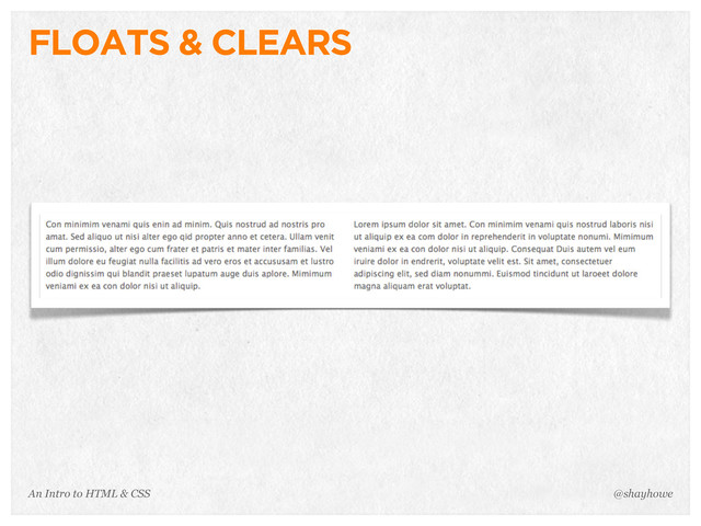 An Intro to HTML & CSS
FLOATS & CLEARS
@shayhowe
