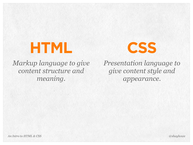 An Intro to HTML & CSS
HTML
Markup language to give
content structure and
meaning.
@shayhowe
CSS
Presentation language to
give content style and
appearance.
