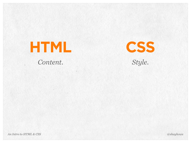 An Intro to HTML & CSS
HTML
Content.
@shayhowe
CSS
Style.
