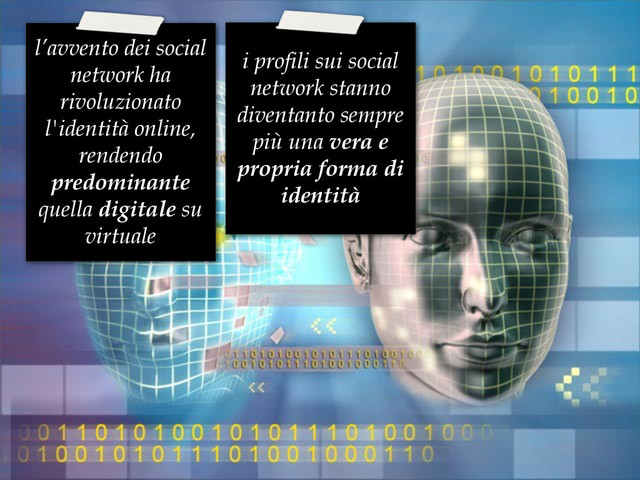 l’avvento dei social
network ha
rivoluzionato
l'identità online,
rendendo
predominante
quella digitale su
virtuale
i profili sui social
network stanno
diventanto sempre
più una vera e
propria forma di
identità
