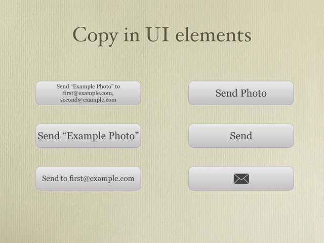 Copy in UI elements
Send Photo
Send
Send “Example Photo” to
first@example.com,
second@example.com
Send “Example Photo”
Send to first@example.com
