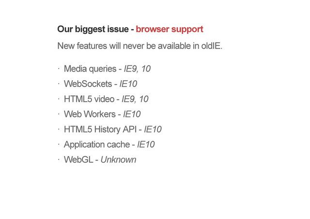 Our biggest issue - browser support
New features will never be available in oldIE.
Media queries - IE9, 10
WebSockets - IE10
HTML5 video - IE9, 10
Web Workers - IE10
HTML5 History API - IE10
Application cache - IE10
WebGL - Unknown
!
!
!
!
!
!
!
