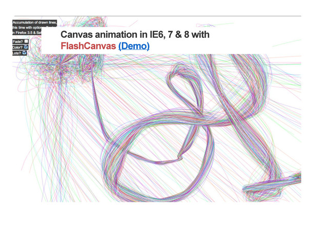 Canvas animation in IE6, 7 & 8 with
FlashCanvas (Demo)

