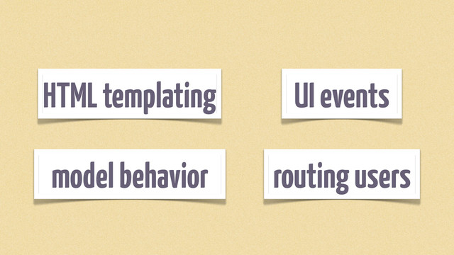 HTML templating
model behavior routing users
UI events
