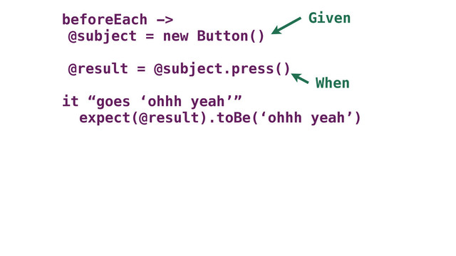 beforeEach ->
@subject = new Button()
@result = @subject.press()
it “goes ‘ohhh yeah’”
expect(@result).toBe(‘ohhh yeah’)
Given
When
