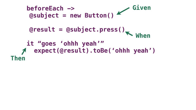 beforeEach ->
@subject = new Button()
@result = @subject.press()
it “goes ‘ohhh yeah’”
expect(@result).toBe(‘ohhh yeah’)
Given
When
Then
