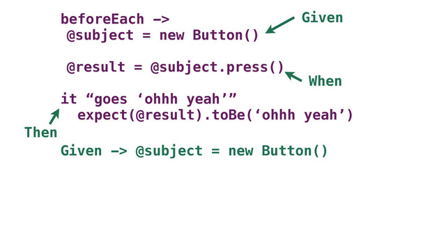 beforeEach ->
@subject = new Button()
@result = @subject.press()
it “goes ‘ohhh yeah’”
expect(@result).toBe(‘ohhh yeah’)
Given -> @subject = new Button()
Given
When
Then
