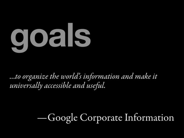...to organize the world’s information and make it
universally accessible and useful.
—Google Corporate Information
goals
