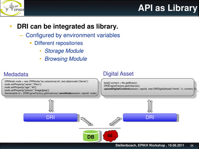 API as Library
• DRI can be integrated as library.
– Configured by environment variables
 Different repositories
• Storage Module
• Browsing Module
Stellenbosch, EPIKH Workshop , 10.06.2011 11
DRINode node = new DRINode("es.cetaciemat.dri_test.datamodel.Cliente");
node.setProperty(“name”,”Paco”);
node.setProperty(“age”,”45”);
node.setProperty(“picture”,”image/jpeg”);
Serializable id = DRIEngineFactory.getInstance().saveNode(session, repoId, node);
DRI
byte[] content = file.getBytes();
DRIEngineFactory.getInstance().
uploadDigitalContent(session, repoId, new DRIDigitalAsset("mime", 1), content, 0);
DRI
Medadata Digital Asset
DB SE
