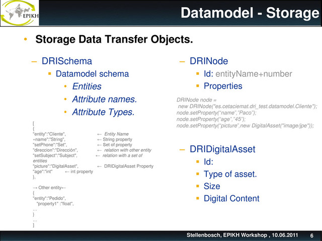 Datamodel - Storage
– DRISchema
 Datamodel schema
• Entities
• Attribute names.
• Attribute Types.
– DRINode
 Id: entityName+number
 Properties
– DRIDigitalAsset
 Id:
 Type of asset.
 Size
 Digital Content
Stellenbosch, EPIKH Workshop , 10.06.2011 6
[
{
"entity":"Cliente", ← Entity Name
«name":"String", ← String property
"setPhone":"Set", ← Set of property
"direccion":"Dirección", ← relation with other entity
"setSubject":"Subject", ← relation with a set of
entities
"picture":"DigitalAsset", ← DRIDigitalAsset Property
"age":"int" ← int property
},
→ Other entity←
{
"entity":"Pedido",
"property1" :"float",
…
}
…
]
DRINode node =
new DRINode("es.cetaciemat.dri_test.datamodel.Cliente");
node.setProperty(“name”,”Paco”);
node.setProperty(“age”,”45”);
node.setProperty(“picture”,new DigitalAsset("image/jpe"));
• Storage Data Transfer Objects.
