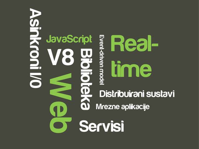 JavaScript
V8
Biblioteka
Mrezne aplikacije
Event-driven model
Real-
time
Web
Servisi
Distribuirani sustavi
Asinkroni I/0
