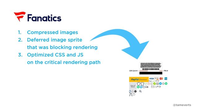 1. Compressed images
2. Deferred image sprite
that was blocking rendering
3. Optimized CSS and JS
on the critical rendering path
@tameverts
