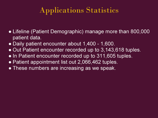 Applications Statistics
● Lifeline (Patient Demographic) manage more than 800,000
patient data.
● Daily patient encounter about 1,400 - 1,600.
● Out Patient encounter recorded up to 3,143,618 tuples.
● In Patient encounter recorded up to 311,605 tuples.
● Patient appointment list out 2,066,462 tuples.
● These numbers are increasing as we speak.
